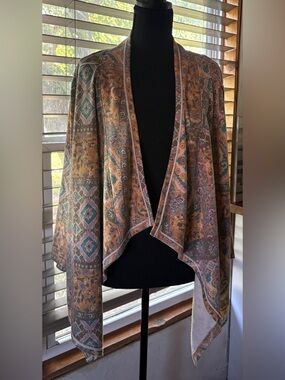Cato Paisley Patchwork Open-Front Shrug in Teal, Mauve & Gold